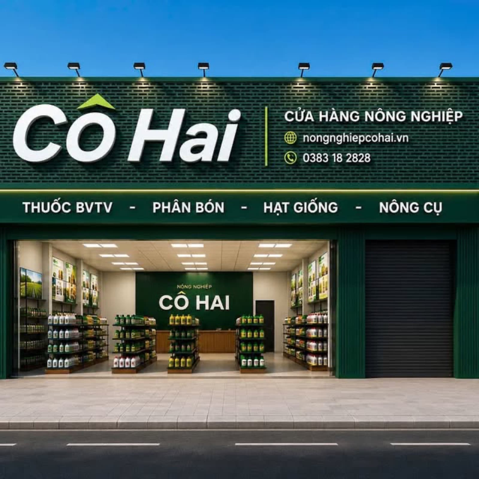 Phối cảnh mặt tiền Cô Hai – Cửa hàng Nông nghiệp với bảng chữ và khu trưng bày